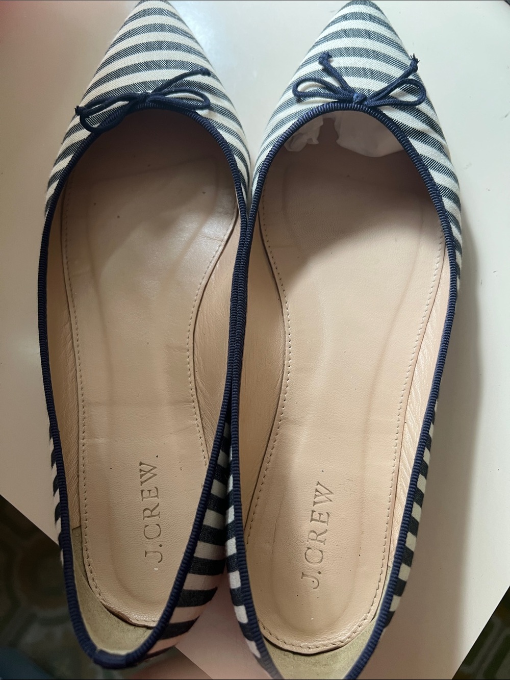 J. Crew Navy and White Striped Pointed-Toe Flats with Bow - Picture 7 of 7